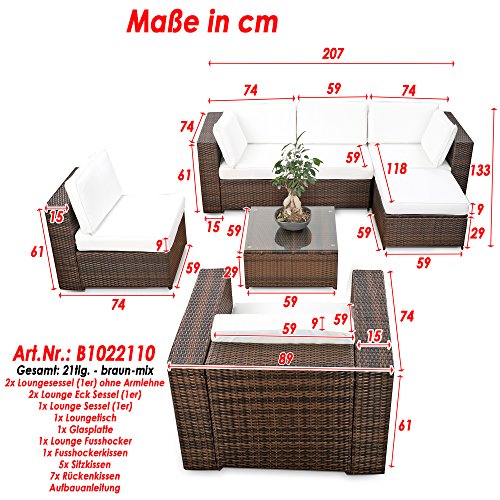 erweiterbares 21tlg. XXXL Lounge Gartenmöbel Polyrattan – braun-mix – Sitzgruppe Garnitur Gartenmöbel Lounge Möbel Set – inkl. Lounge Ecke + Sessel + Hocker + Tisch + Kissen - 3