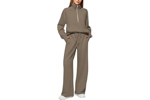 HOOUDO Womens Two Piece Full Set Tracksuit Long Sleeve Oversized Half Zip Sweatshirt Pullover Drawstrings Wide Leg Trousers Sweatpants Outfits Ladies Gym Sports Casual Activewear Lounge Sets