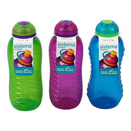 3 Sistema 330ml Drink Bottles Aqua Blue Lime Green Pink