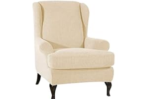 VanderHOME Funda elástica de Sillón Orejero Color sólido Antideslizante Duradera Fundas de sillón con Orejas Fundas de Silla elástica con Cojin Separado Protector de Muebles Jacquard Beige Claro