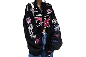 ticticlily Damen Bomberjacke College Oversized Patchwork Bedruckte Jacke 90S Vintage Racing Pailletten Reißverschluss Langarm Sweat Jacket Baseball Jacke Outwear mit Taschen Übergangsjacke