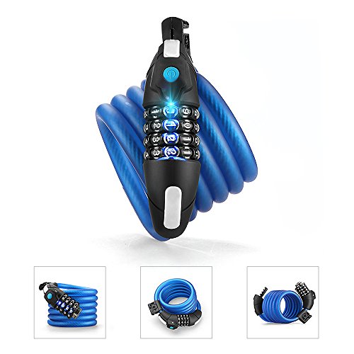 Unitify Lucchetti per Bicicletta con luce notturna a LED, 4 cifre azzerabile combinazione per bici, moto, porta, cancello, recinzione, griglia (1.5M)