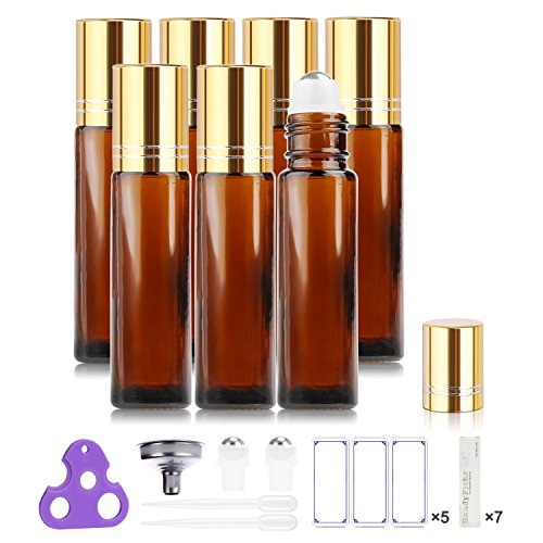 Botellas Roll On para Aceites Esenciales, 10ml (Ambar, Vacías, Pack de 7) - Bolita de Acero Inoxidable, Empaque para Regalo para Cada Botella, Incluyen Abridor de Botellas y Etiquetas de Handy Picks