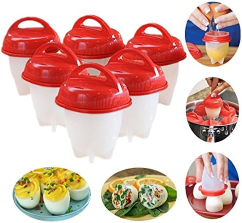 6 Pcs Egglettes Egg Cooker - Hard &amp; Soft Maker, No Shell, Non Stick Silicone, Boiled, Steamer, Red Egg Cooking Molds AS SEEN ON TV