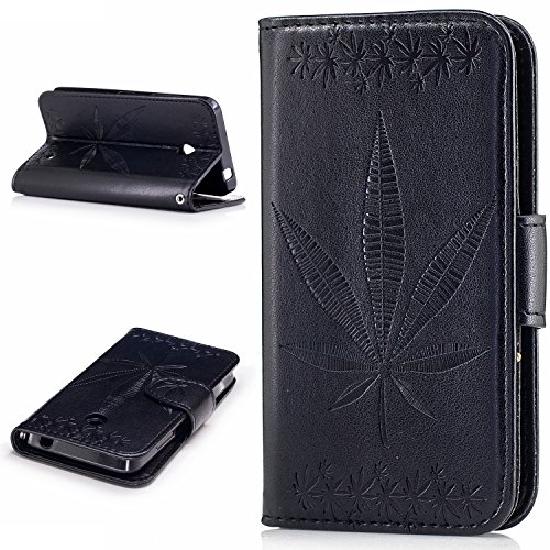 Lonchee Nokia Lumia 630 N630 Wallet Tasche Brieftasche Schutzhülle , Ahornblatt geprägtes Muster Design Hochwertige PU Leder Folio Tasche Case Hülle im Bookstyle mit Standfunktion Kredit Kartenfächer (schwarz)