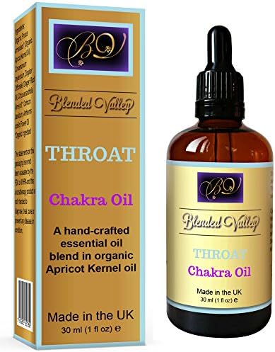 Chakra Oil Throat - Essential Oils of Cinnamon, Chamomile in Apricot Kernel Oil. Use During Yoga or Meditation. For Aromatherapy Diffuser, Burner, Humidifiers, or Bracelet, Necklace, Stones, Crystals.