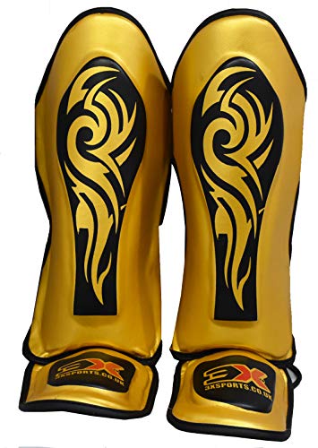 PROFESSIONAL CHOICE 3X Sports Niños Shin Instep Guard MMA Almohadillas para Las piernas Equipo de protección Boxeo tailandés Entrenamiento MMA de UFC Kickboxing Niños Chicas (Golden)