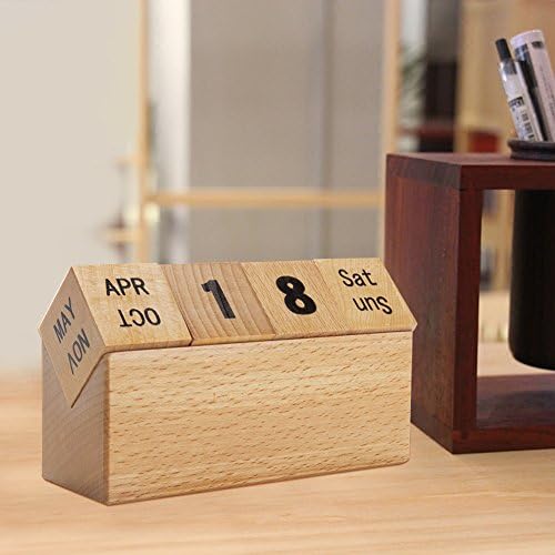 SAYOU Wooden Perpetual Calendar Wooden Advent Calendar Cube with Month, Date, Day Blocks &amp; Angled Display Stand for Home Office Desktop Decoration (Beech)