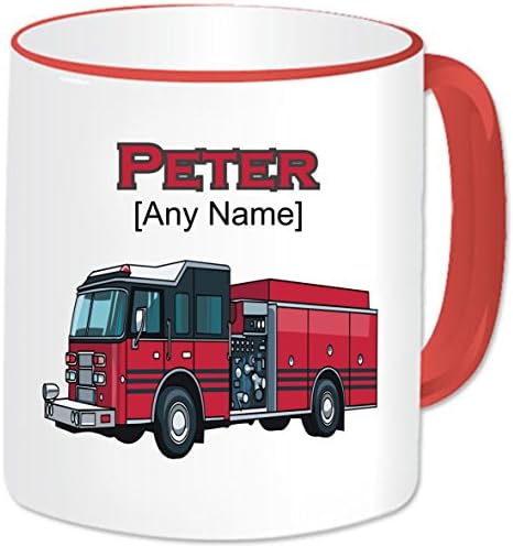 Personalised Gift - Fire Engine Mug (Any Name Any Message). Hero Firefighter Fireman Fire Officer Emergency Services Vehicles Transportation Themed Design (Red Handle & Rim)