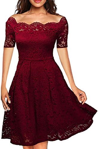 Blazar Women's Vintage Floral Lace Evening Dress Short Sleeve Boat Neck Cocktail Formal Swing Dresses For Women Wedding Wine Red L