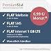 Produktbild PremiumSIM LTE XS Allnet Flat [SIM, Micro-SIM und Nano-SIM] monatlich kündbar (FLAT Internet 1 GB LTE mit max. 21,6 MBit/s mit deaktivierbarer Datenautomatik, FLAT Telefonie, FLAT SMS und FLAT Europa, 6,99 Euro/Monat)