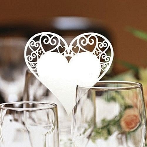 JZK® 50 x Weiß Herz ans Glas, Schimmer perle-weiss Platzkarten Tischkarten Namenskarten Glas Karte Glasanhänger Weinglas Cup Champagnerglas Deko Tischdeko Geschenk Gastgeschenk für Hochzeitsfeier Geburtstage Taufe Party Festival etc. - 3