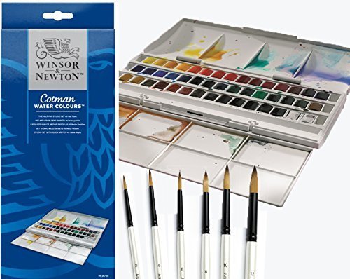 & Winsor Newton Cotman Aquarellfarben-Set, halbe Näpfe, Studio Aquarellfarben-Set, inkl. Pinsel 6, Perlen
