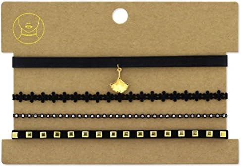 Retro Styler Stunning Black and Gold Square Studded Choker Set of 4 - Necklace - One Size
