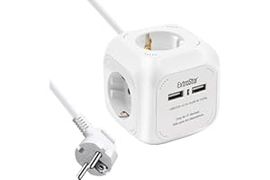 EXTRASTAR Steckdosenwürfel mit 2 USB-Anschlüssen(5V/2.1A), 4-Fach Steckdosenwürfel mit 1.5M Kabel, Mehrfachsteckdose Würfel für Büro, Heim oder Reise, Weiß