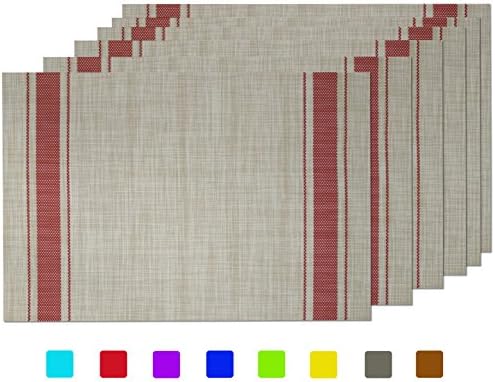 Placemats Set of 6, Gonove Crossweave Woven Vinyl PVC Placemat Washable Table Mats for Kitchen Dinning Table Decoration(Red Strip)