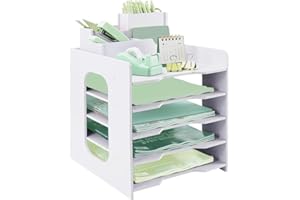 IOUGDSEC Letter Tray Desk Organiser with Filing Trays, 5 Tier Paper File Tray with Pen Holder For Office Desk, A4 Desk Tidy Organiser File Document Holder For Office Home School, White
