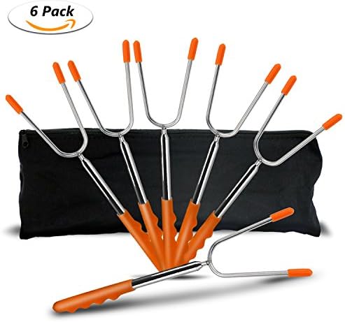 CRMICL Marshmallow Roasting Sticks, 6 Pack Extending Stainless Steel Smores Skewers &amp; Hot Dog Forks with Extra Long 45’’ Telescoping Rotating Forks for BBQ Camping, Campfire, Fire Pit &amp; Bonfire