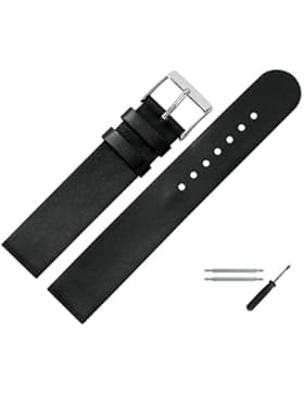 Uhrenarmband 18mm Leder schwarz glatt - inkl. Federstege & Werkzeug - Ersatzband aus Rindsleder für Uhren - Lederband...