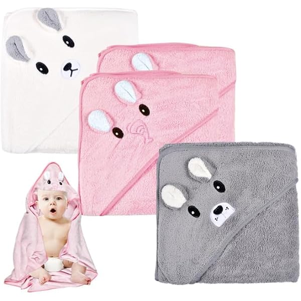 Lot 4 Serviettes De Bain à Capuche Bébé 80x80 Cm - Peluche Corail, Motifs Animaux