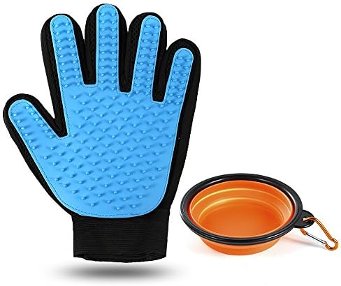 Farinido Pet Grooming Glove [Upgrade Version] Double-sided, Gentle Deshedding Brush Glove Hair Remover with Portable Foldable Travel Bowl Kit for Cat Dog