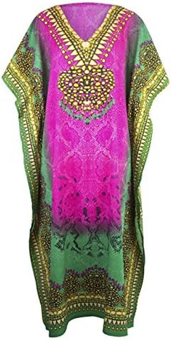 Mia Creations Tribal Print Long Kaftan Plus Size Maxi Dress (Green-Pink)