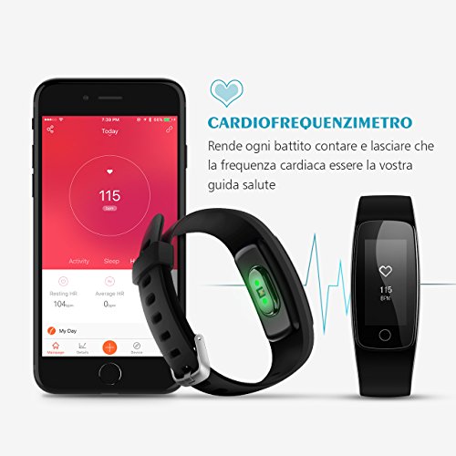 Mpow Fitness Tracker IP67, Braccialetti Fitness Contapassi da Polso Conta Calorie e Cardiofrequenzimetro, Bracciale Bluetooth Activity Tracker Impermeabile IP67 Fit Watch con Cardiofrequenzimetro Contapassi Pedometro, Orologio Fitness Donna Uomo 14 Sport ModalitÃ , Monitoraggio Calorie, Notifiche Chiamate/SMS/Whatsapp per Android e iOS, Nero