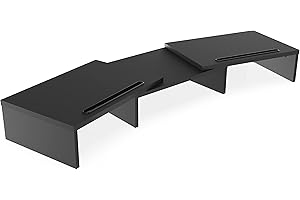 FITUEYES Dual Monitor Stand with 2 Extra Phone Holder, Wood PC Laptop Computer Stands Riser, 3 Shelf Swivel Length Adjustable, Home Office Supplies Desk Organzier, Max Load 25kg, Black