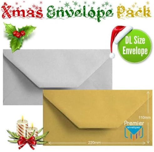 50 Shiny Gold Silver Xmas Card Envelopes Metallic DL Gummed Christmas Card Envelopes