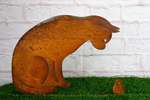 Gartenstecker Katze + Vogel 50cm höhe Metall Rost Gartendeko Edelrost