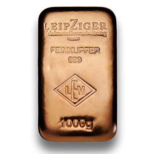 Preisvergleich Produktbild Kupferbarren 1000g (1kg) gegossen - 999.9 Feinkupfer - Made in Germany