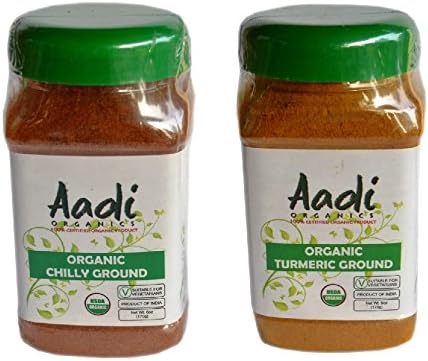 Aadi Organics USDA Certified Organics Bundle: Indian Turmeric and Chili Powder - 6oz / 170g Each - Cooking Spices - Non-GMO, No MSG or Salt