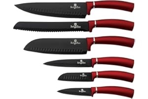 BerlingerHaus Burgundy Set 6 Coltelli da Cucina Professionali, Lama Acciaio Inossidabile, Rivestimento Antiaderente, Coltello da Cuoco, Pane, Santoku, Manico Ergonomico, Design Metallic Line(BH-2542)