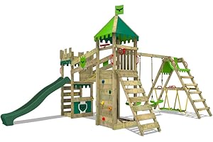 FATMOOSE Aire de Jeux RiverRun Royal XXL portique en Bois avec SurfSwing, balançoire et Toboggan Vert, Tour d'escalade pour Enfants avec bac à Sable, échelle et Accessoires de Jeu pour Le Jardin.