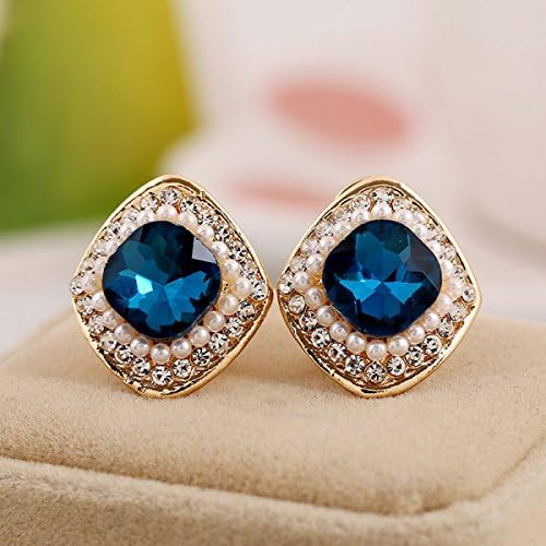 LYFLYF Crystal Earrings Fashion Hypoallergenic Ear Clip Earrings Women Gem Pearl Earrings,Blue