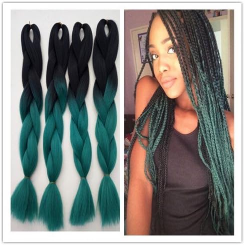 Seashinebeauty Synthetic Hair Extension Braiding Kanekalon Straight Hair Ombre Color 24inch 1Piece 100g(1b/green) by Seashinebeauty