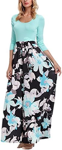 GRACE KALIN Women's 3/4 Sleeves Summer Boho Floral Printed High Waist Graceful Party Maxi Long Dress Beach Dress Vacation Dress (Medium, Teal)
