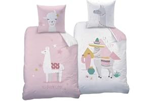CTI Lama Wende-Bettwäsche 135x200 2-teiliges Set 100% Baumwolle mit Reißverschluss Alpaka Lama Queen Rosa