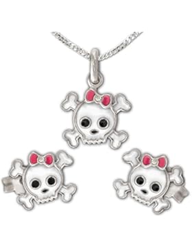 CLEVER SCHMUCK Silberne Ohrstecker + Anhänger Girly-Totenkopf, Schleife pink Zirkonia weiß + Kette Panzer 40 cm...