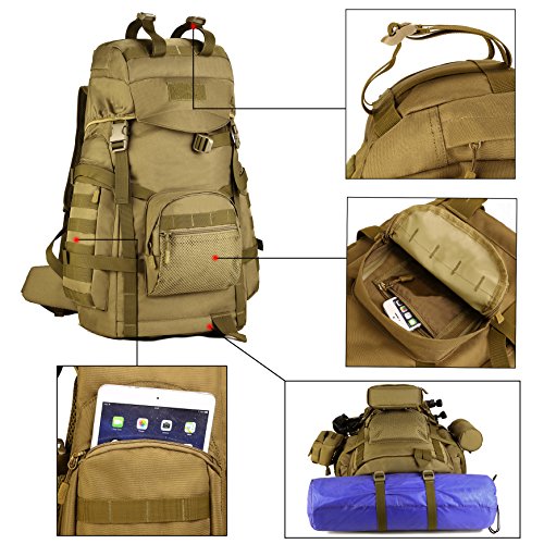 DCCN 60L Tactical Trekking Molle Rucksack Military Hiking Backpack for Travel Camping with 80L Rain Cover - Brown