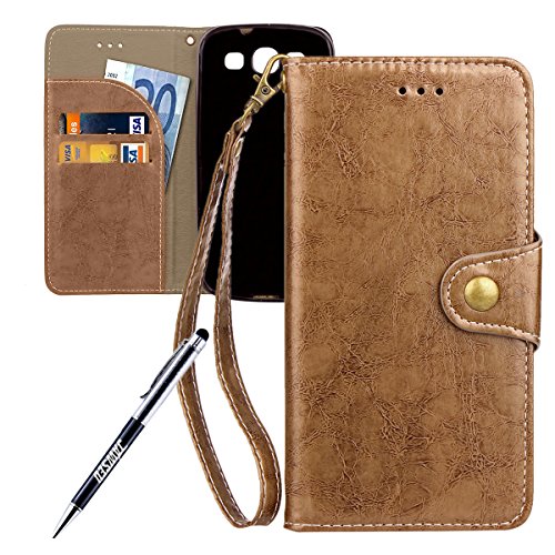 Galaxy S3 neo Case, Galaxy S3 Cover, JAWSEU [Shock-Absorption] Luxury Solid Retro Premium PU Leather Flip Cover for Samsung Galaxy i9300 Protector Skin with Soft Silicone Case Credit ID Card Slots Magnetic Closure Kickstand Strap Phone Pouch Smartphone Shell Protective Wallet Case for Samsung Galaxy S3 i9300 + Stylus Pen - Khaki