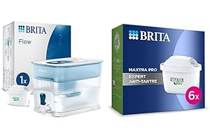 BRITA Distributeur d'eau filtrée Flow (8,2L) inclus 1 cartouche filtrante MAXTRA PRO & Pack de 6 cartouches filtrantes MAXTRA PRO Expert anti-tartre - formule anti-tartre 50% plus puissante