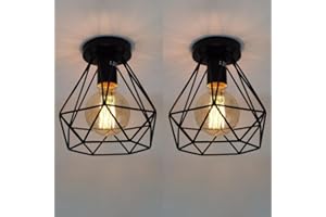 ktjes Vintage Hallway Ceiling Light, Black Semi-Flush Mount Basket Cage Ceiling Lamp Metal Industrial Retro Pendant Light for Stairway Cloakroom Bedroom Kitchen Living Room, Pack of 2