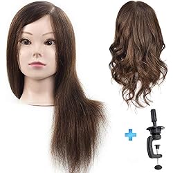 ErSiMan - Cabezal de maniquí profesional para mujer con pelo 100% humano, cabeza de manikin de 45,7 cm para entrenamiento de peluquería con abrazadera de mesa