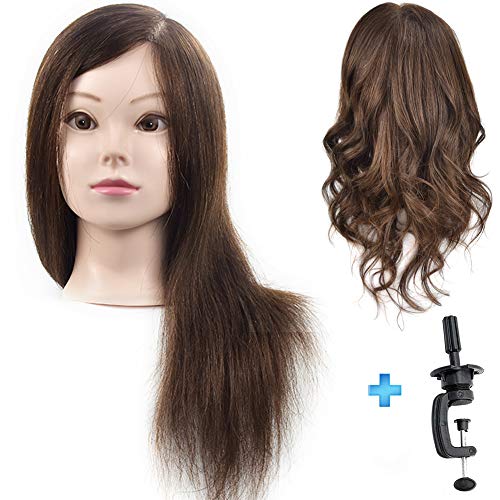 ErSiMan - Cabezal de maniquí profesional para mujer con pelo 100% humano, cabeza de manikin de 45,7 cm para entrenamiento de peluquería con abrazadera de mesa
