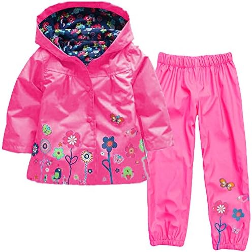 CADong Girls' Raincoat Suit Waterproof Hooded Coat Outwear Jacket &amp; Trousers Suit (110cm/43.5in:(Age for 3-4Y), Rose red)