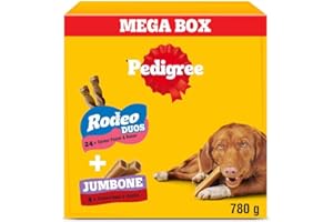 PEDIGREE Multipack 780 g – Friandises pour chien : 24x Rodeo Duos Poulet et Bacon et 4x Jumbone Bœuf et Volaille – Mega Box