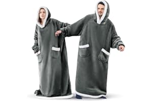 ‎SACEBELEU Sacebeleu Kuscheldecke mit Ärmeln,Oversized Weich Decke Hoodie Sweatshirt,Sherpa Kapuzenpullover für DamenHerren,Flauschige Flanell TV-Decke mit Ärmel,Tragbar Ganzkörperdecke,Dunkelgrau