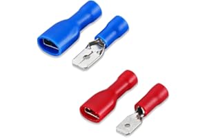 KEWUF 80 cosses electriques a sertir bornes de câble femelles à déconnexion rapide entièrement isolées en vinyle 6,3 x 0,8 mm pour 1,5-2,5 mm² (16-14 AWG) Bleu, pour 0,5-1,5 mm² (22-16 AWG) Rouge