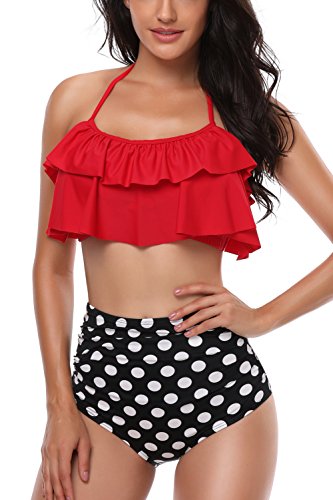 AMAGGIGO Swimsuit for Women High Waisted Halter Vintage Push up Bikini Set Ladies Plus Size 2-Pieces Swimwear (FBA) (UK 10-12 (M), Red)